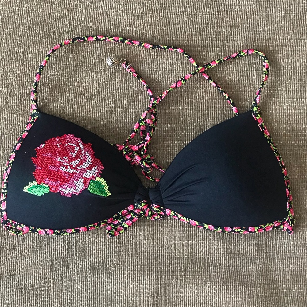Black Red Floral Bikini Criss Cross Bikini Top XS
